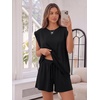 image:imageTrendy Queen 2 Piece Short Sets for Women Summer Matching Lounge Sets Cap Sleeve Tops amp Loose Fit Shorts with PocketsBlack