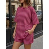 image:imageTrendy Queen 2 Piece Summer Set Oversized Top amp Loose Fit Shorts with PocketsStriped Berry Pink