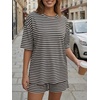 image:imageTrendy Queen 2 Piece Summer Set Oversized Top amp Loose Fit Shorts with PocketsStriped Coffee White