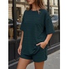 image:imageTrendy Queen 2 Piece Summer Set Oversized Top amp Loose Fit Shorts with PocketsStriped Navy Green