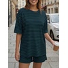 image:imageTrendy Queen 2 Piece Summer Set Oversized Top amp Loose Fit Shorts with PocketsStriped Navy Green