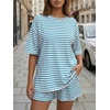 image:imageTrendy Queen 2 Piece Summer Set Oversized Top amp Loose Fit Shorts with PocketsStriped White Blue