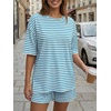 image:imageTrendy Queen 2 Piece Summer Set Oversized Top amp Loose Fit Shorts with PocketsStriped White Blue