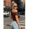 image:imageTrendy Queen Womens Off The Shoulder Short Sleeve Y2k Tops Going Out Crop TShirts 2026 Cute Summer ClothesChocolate Brown