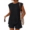 image:imageTrendy Queen 2 Piece Short Sets for Women Summer Matching Lounge Sets Cap Sleeve Tops amp Loose Fit Shorts with PocketsBlack