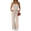 image:imageTrendy Queen 2 Piece Vacation Outfits for Women Summer Travel Outfits 2026 Spring Fashion Tube Tops Wide Leg PantsApricot