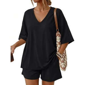 image:imageTrendy Queen 2 Piece Sets for Women Summer 2026 Lounge Short Set V Neck Oversized Top amp Loose Fit Shorts with PocketsBlack