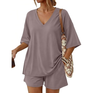 image:imageTrendy Queen 2 Piece Sets for Women Summer 2026 Lounge Short Set V Neck Oversized Top amp Loose Fit Shorts with PocketsRose Taupe