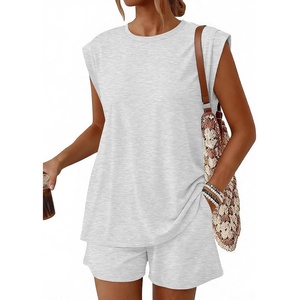 image:imageTrendy Queen 2 Piece Short Sets for Women Summer Matching Lounge Sets Cap Sleeve Tops amp Loose Fit Shorts with PocketsOatmeal Grey