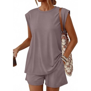 image:imageTrendy Queen 2 Piece Short Sets for Women Summer Matching Lounge Sets Cap Sleeve Tops amp Loose Fit Shorts with PocketsRose Taupe