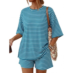 image:imageTrendy Queen 2 Piece Summer Set Oversized Top amp Loose Fit Shorts with PocketsStriped Aqua White