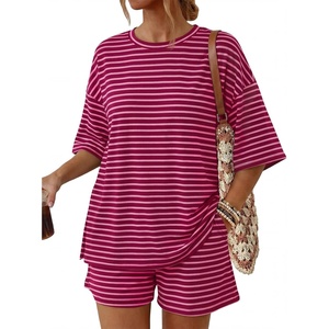 image:imageTrendy Queen 2 Piece Summer Set Oversized Top amp Loose Fit Shorts with PocketsStriped Berry Pink
