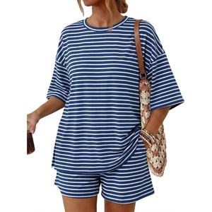 image:imageTrendy Queen 2 Piece Summer Set Oversized Top amp Loose Fit Shorts with PocketsStriped Blue White