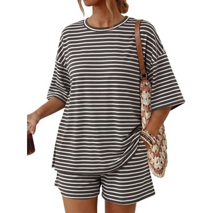 image:imageTrendy Queen 2 Piece Summer Set Oversized Top amp Loose Fit Shorts with PocketsStriped Coffee White