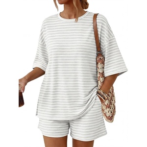 image:imageTrendy Queen 2 Piece Summer Set Oversized Top amp Loose Fit Shorts with PocketsStriped Heather Grey