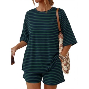 image:imageTrendy Queen 2 Piece Summer Set Oversized Top amp Loose Fit Shorts with PocketsStriped Navy Green
