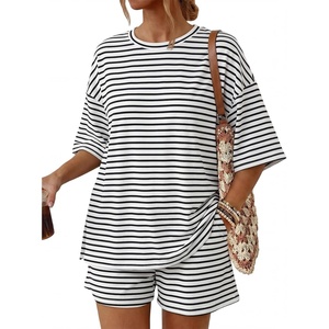 image:imageTrendy Queen 2 Piece Summer Set Oversized Top amp Loose Fit Shorts with PocketsStriped White Black