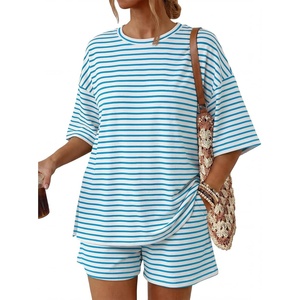 image:imageTrendy Queen 2 Piece Summer Set Oversized Top amp Loose Fit Shorts with PocketsStriped White Blue