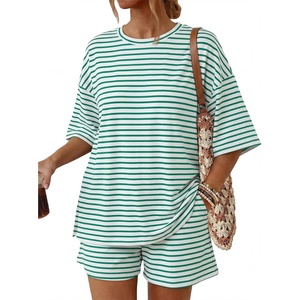 image:imageTrendy Queen 2 Piece Summer Set Oversized Top amp Loose Fit Shorts with PocketsStriped White Green
