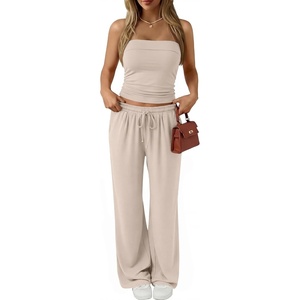 image:imageTrendy Queen 2 Piece Vacation Outfits for Women Summer Travel Outfits 2026 Spring Fashion Tube Tops Wide Leg PantsApricot