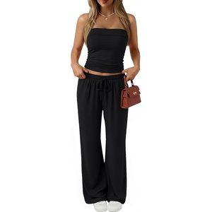 image:imageTrendy Queen 2 Piece Vacation Outfits for Women Summer Travel Outfits 2026 Spring Fashion Tube Tops Wide Leg PantsBlack
