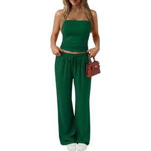 image:imageTrendy Queen 2 Piece Vacation Outfits for Women Summer Travel Outfits 2026 Spring Fashion Tube Tops Wide Leg PantsGreen