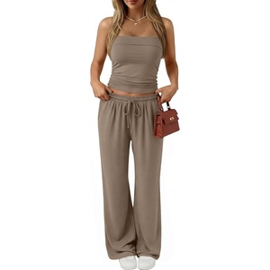 image:imageTrendy Queen 2 Piece Vacation Outfits for Women Summer Travel Outfits 2026 Spring Fashion Tube Tops Wide Leg PantsMocha