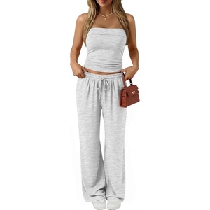image:imageTrendy Queen 2 Piece Vacation Outfits for Women Summer Travel Outfits 2026 Spring Fashion Tube Tops Wide Leg PantsOatmeal Grey