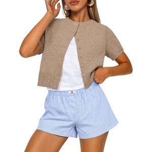 image:imageTrendy Queen Cropped Short Sleeve Cardigan Sweaters for Women Summer Lightweight Spring Outfits Y2k Fashion Clothes 2026Khaki
