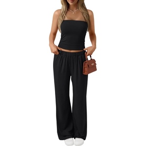image:imageTrendy Queen Womens 2 Piece Lounge Sets Matching Summer Beach Vacation Outfits 2026 Striped Tube Tops Pants Travel ClothesBlack