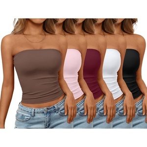 image:imageTrendy Queen Womens 5 Pack Crop Tube Tops Cute Strapless Bandeau 2026 Summer Going Out Sleeveless Backless Trendy ClothesCoffe pink burgundy white black