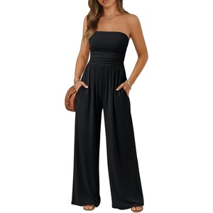 image:imageTrendy Queen Womens One Piece Strapless Jumpsuit 2026 Casual Ruched Tube Top Wide Leg Romper Beach Vacation Summer OutfitsBlack