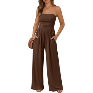 image:imageTrendy Queen Womens One Piece Strapless Jumpsuit 2026 Casual Ruched Tube Top Wide Leg Romper Beach Vacation Summer OutfitsBrown