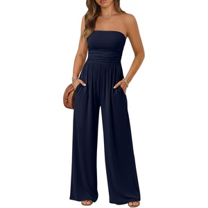 image:imageTrendy Queen Womens One Piece Strapless Jumpsuit 2026 Casual Ruched Tube Top Wide Leg Romper Beach Vacation Summer OutfitsNavy