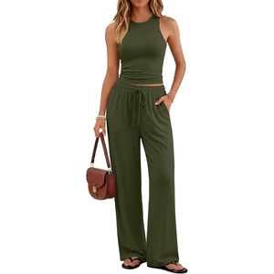 image:imageTrendy Queen Womens Summer 2 Piece Lounge Set Tank Top Wide Leg Pants Pockets 2026Army Green