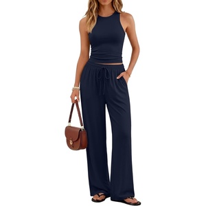 image:imageTrendy Queen Womens Summer 2 Piece Lounge Set Tank Top Wide Leg Pants Pockets 2026Navy