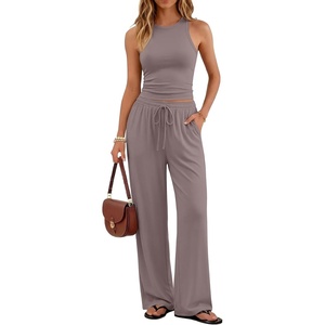 image:imageTrendy Queen Womens Summer 2 Piece Lounge Set Tank Top Wide Leg Pants Pockets 2026Rose Taupe